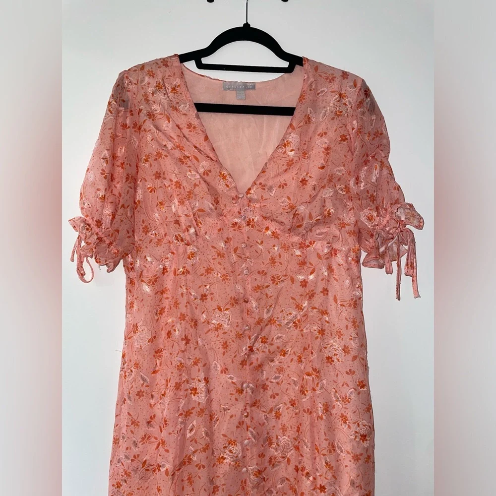 Chelsea 28 Prairie Coral Floral Tie Sleeve Ruffle Hem Midi Dress Size L(12/14)⭐️ - Picture 8 of 15